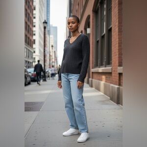 Jeanne Pierre Charcoal Grey Cable Knit V-Neck Sweater Women’s Size S Small